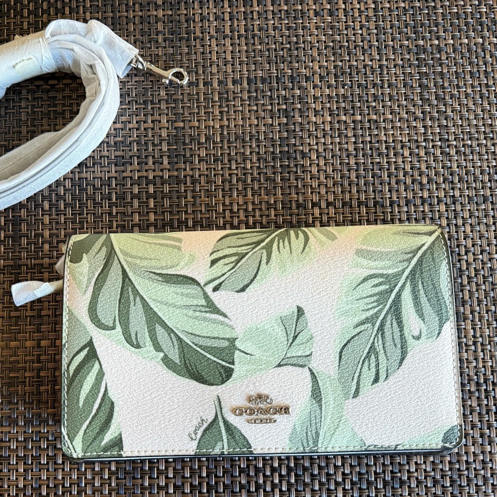 Coach Cream and Green Leaf Print Purse